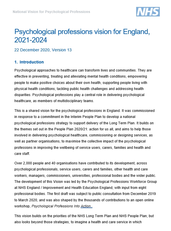 Psychological Professions Vision for England, 2021-2024